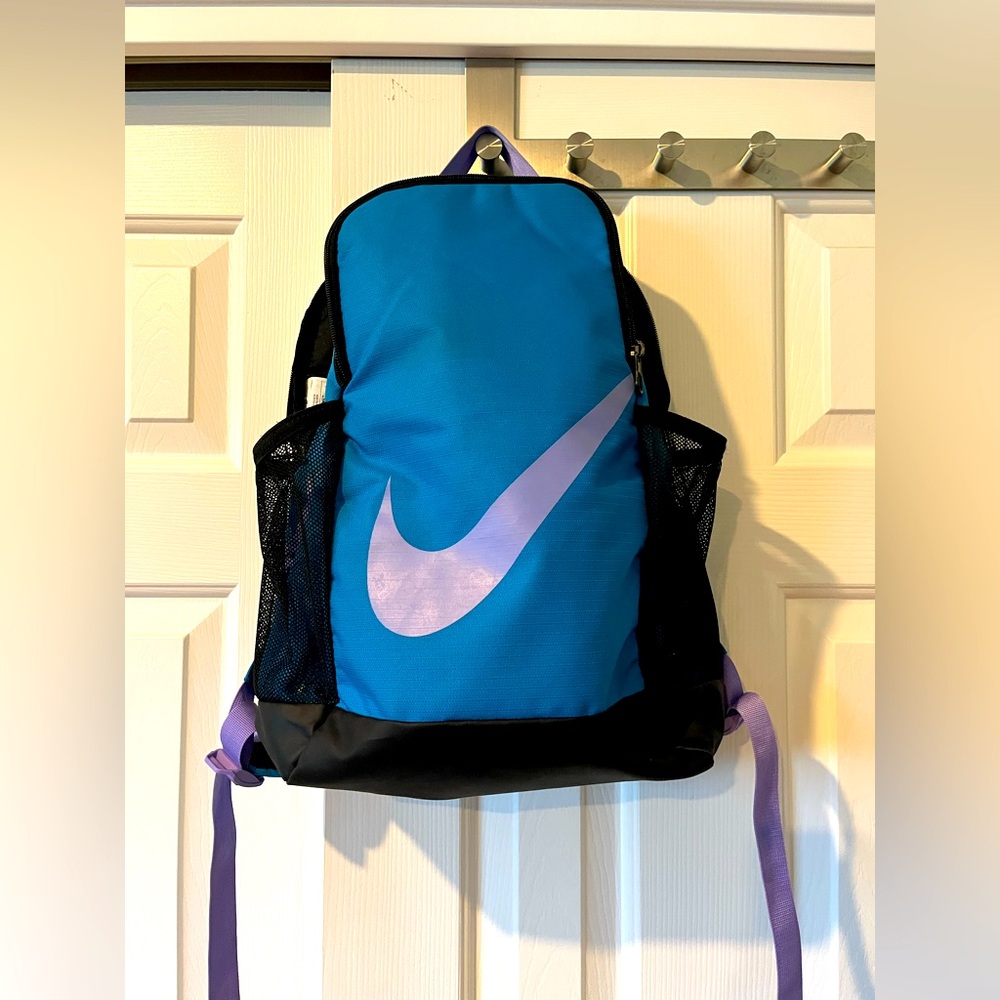 Nike Blue and Black Backpack with Purple Accents
